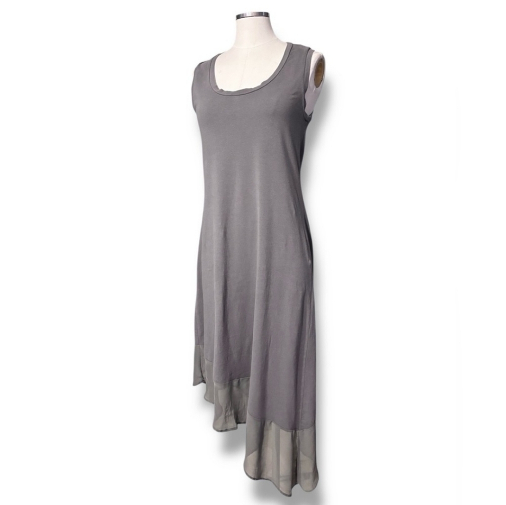 TOMMY BAHAMA Grey Knit & Chiffon Scoop Neck Sleeveless Dress Asymmetrical Hem